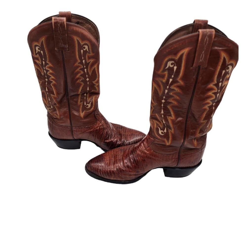 Tony Lama Exotic Teju Lizard Leather Cowboy Brown Boots Size Mens 10